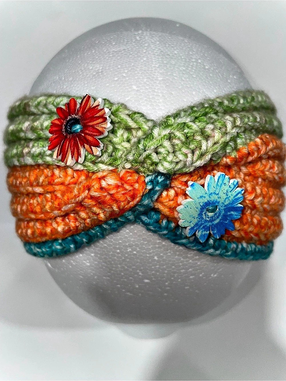 Hand-Knitted Color Block Headband in Orange & Green